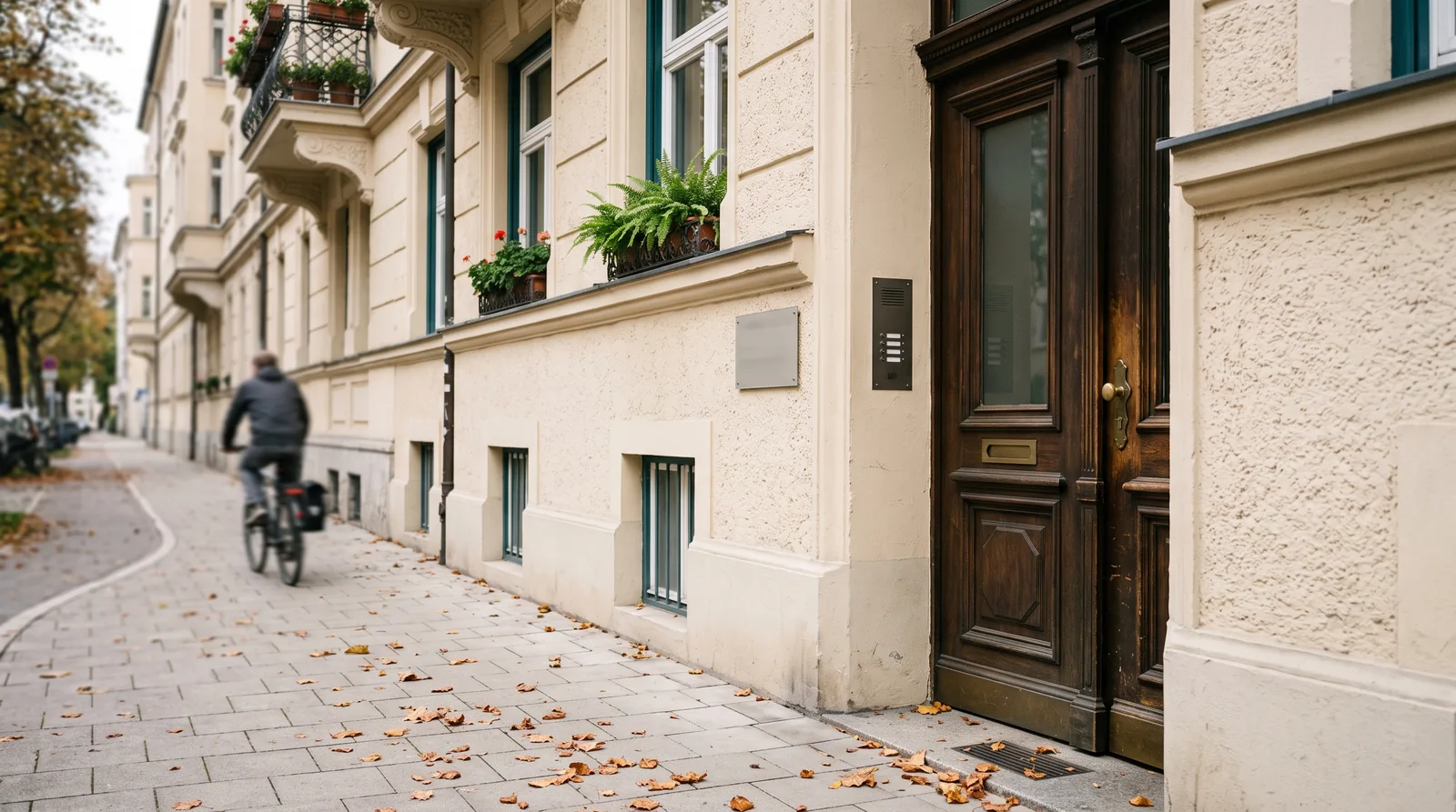 Eingang einer Zahnarztpraxis in einem Münchner Gründerzeithaus: helle Fassade mit schmiedeeisernen Balkonen, Holztür, Herbstlaub von Kastanien auf dem Gehweg.