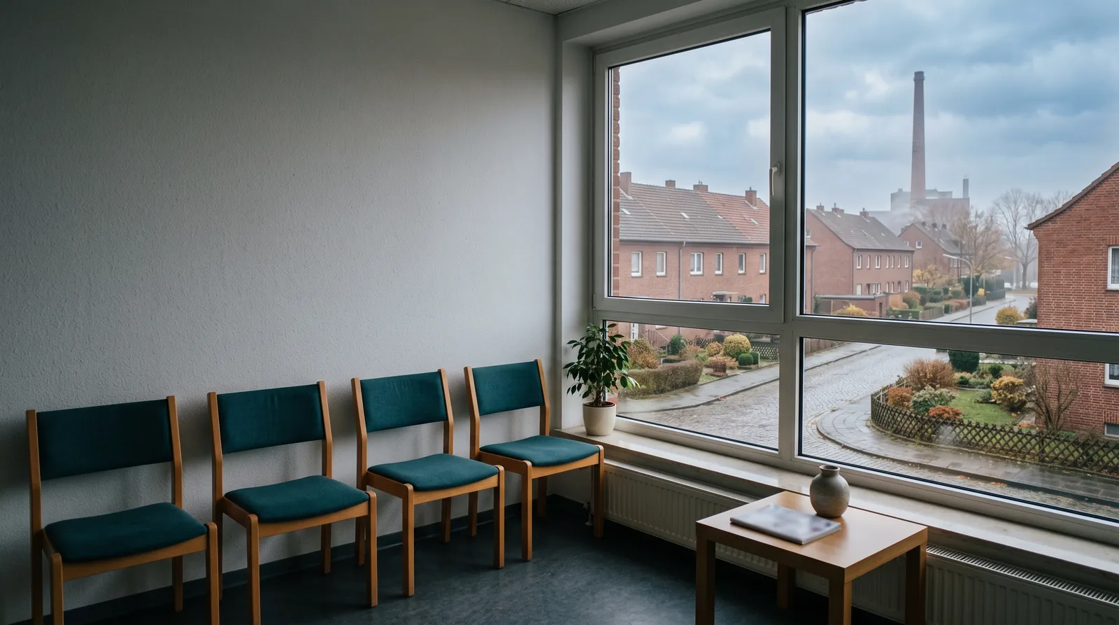 Wartezimmer einer Zahnarztpraxis im Ruhrgebiet: Stühle vor einem Fenster mit Blick auf eine Backstein-Siedlung aus Reihenhäusern, grau-blauer Herbsthimmel.
