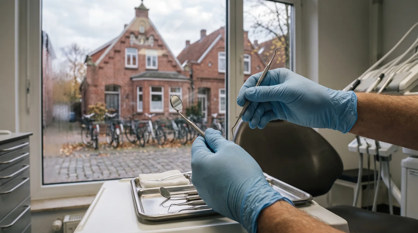 Nahaufnahme von Händen in Handschuhen mit Spiegel und Sonde über einem Instrumententablett, im Hintergrund durch das Fenster rote Backsteinhäuser mit Giebeln und abgestellte Fahrräder.
