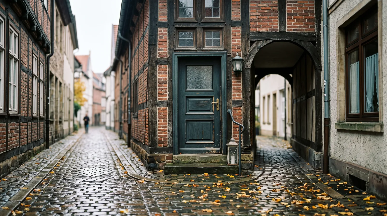 Eingang einer Zahnarztpraxis in einer Osnabrücker Altstadtgasse, schmale Häuser mit Giebeln aus Backstein und Fachwerk, nasses Pflaster im Oktoberlicht.