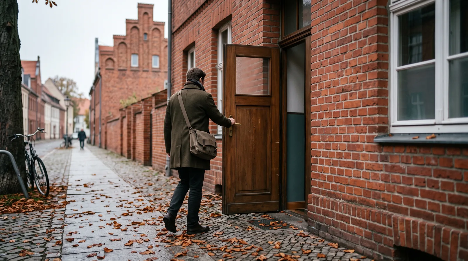 Eingang einer Zahnarztpraxis in einer Potsdamer Strasse mit roten Backsteinhäusern mit Giebeln, Kastanienlaub auf dem Gehweg im Oktoberlicht.