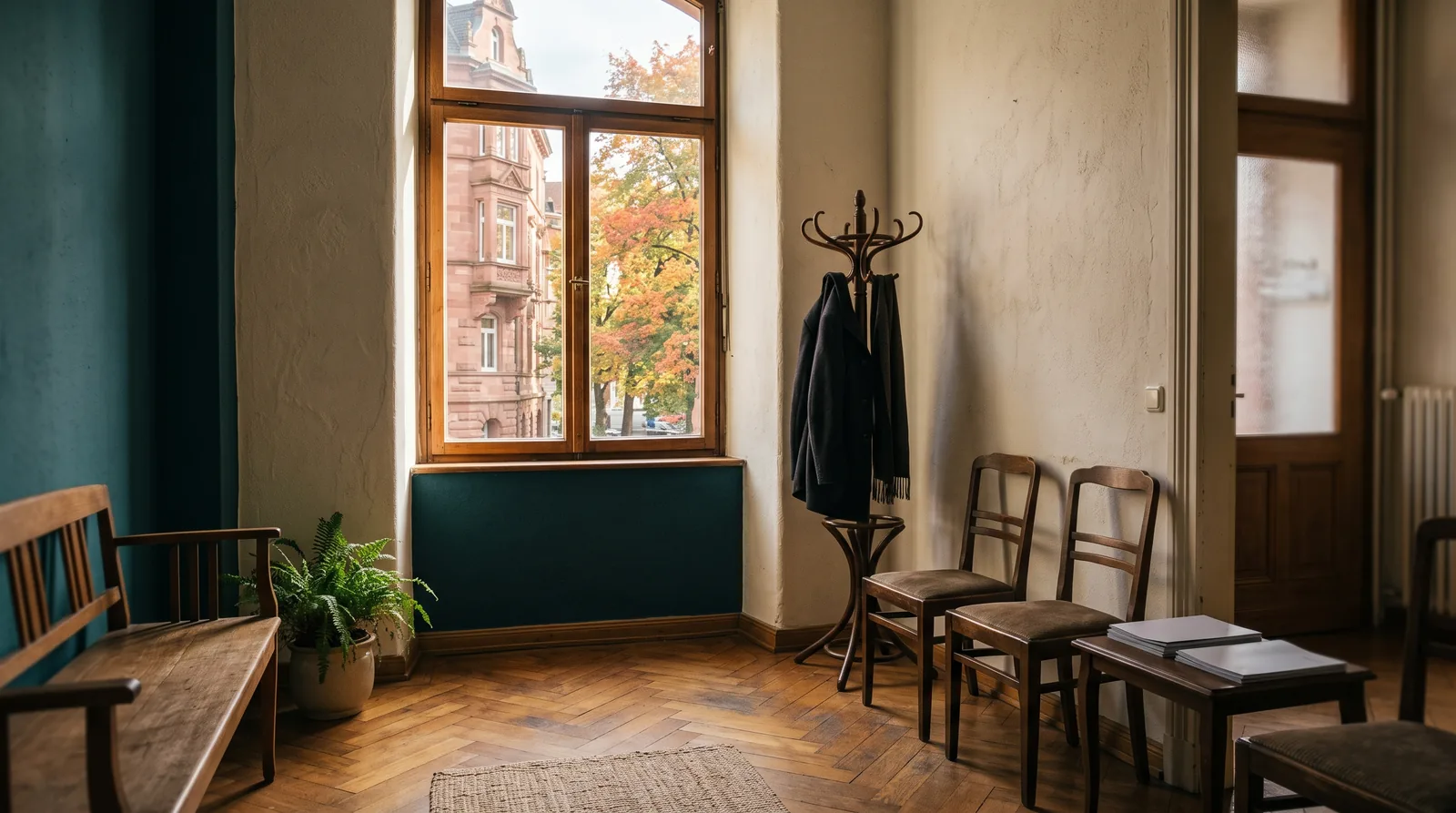 Wartebereich einer Zahnarztpraxis mit Blick durch ein hohes Fenster auf ein Gebäude aus rotem Sandstein und herbstlich gefärbte Bäume.