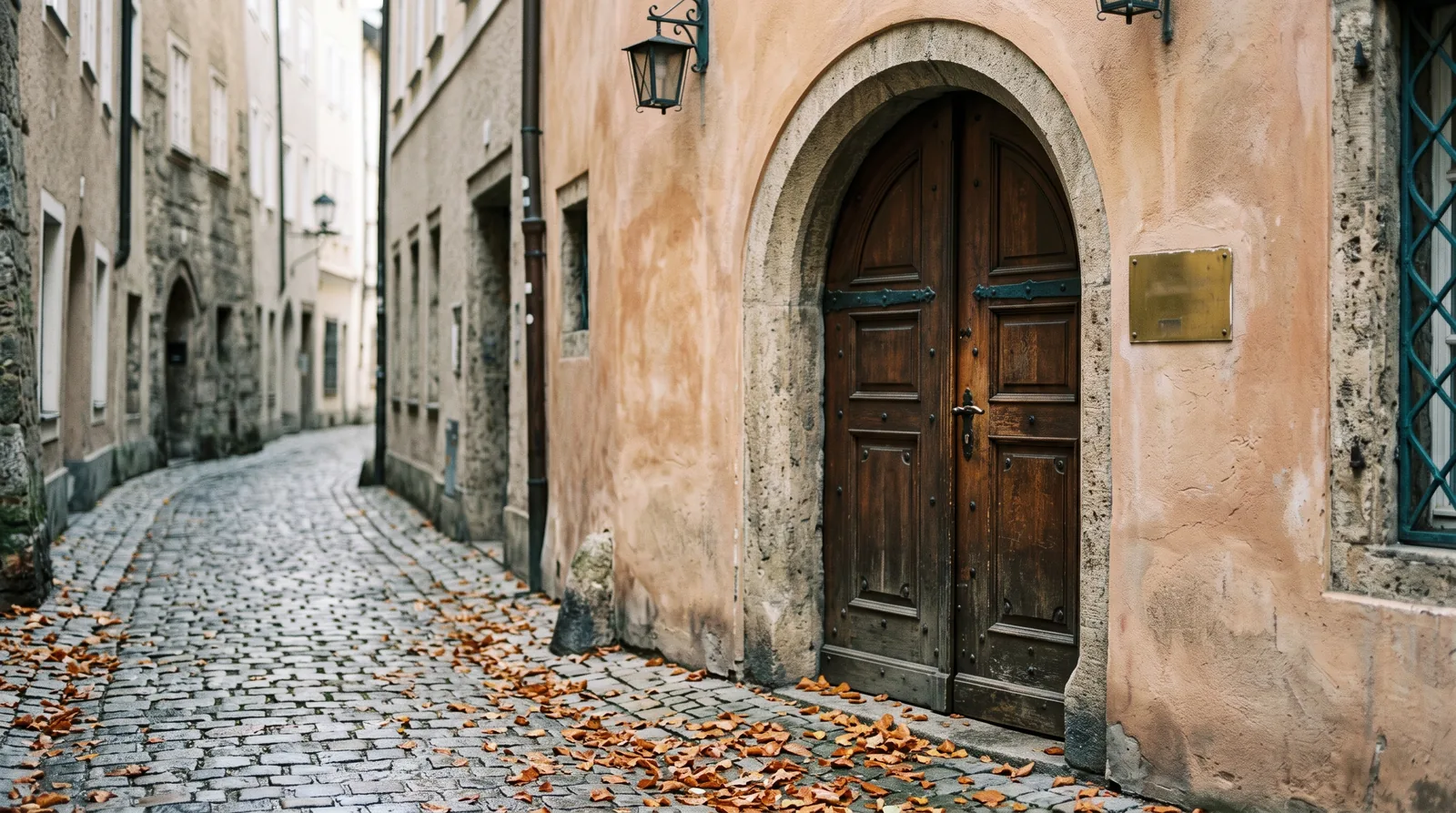 Eingang einer Zahnarztordination in einer Salzburger Gasse: Rundbogentor in einer hellen, pastellfarbenen Fassade, auf dem Pflaster liegen Herbstblätter, kein Schild lesbar.