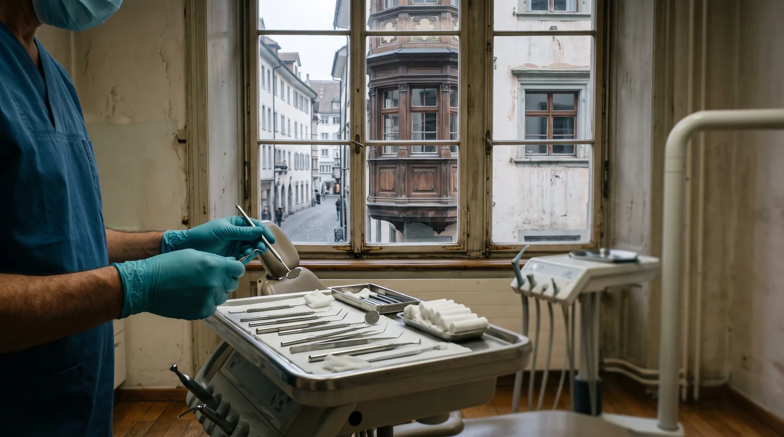 Behandlungszimmer in St. Gallen: Durch das Fenster sieht man einen Erker mit bemalter Fassade eines Altstadthauses, im Vordergrund ein Instrumententablett und die Hände einer Zahnärztin mit Handschuhen.