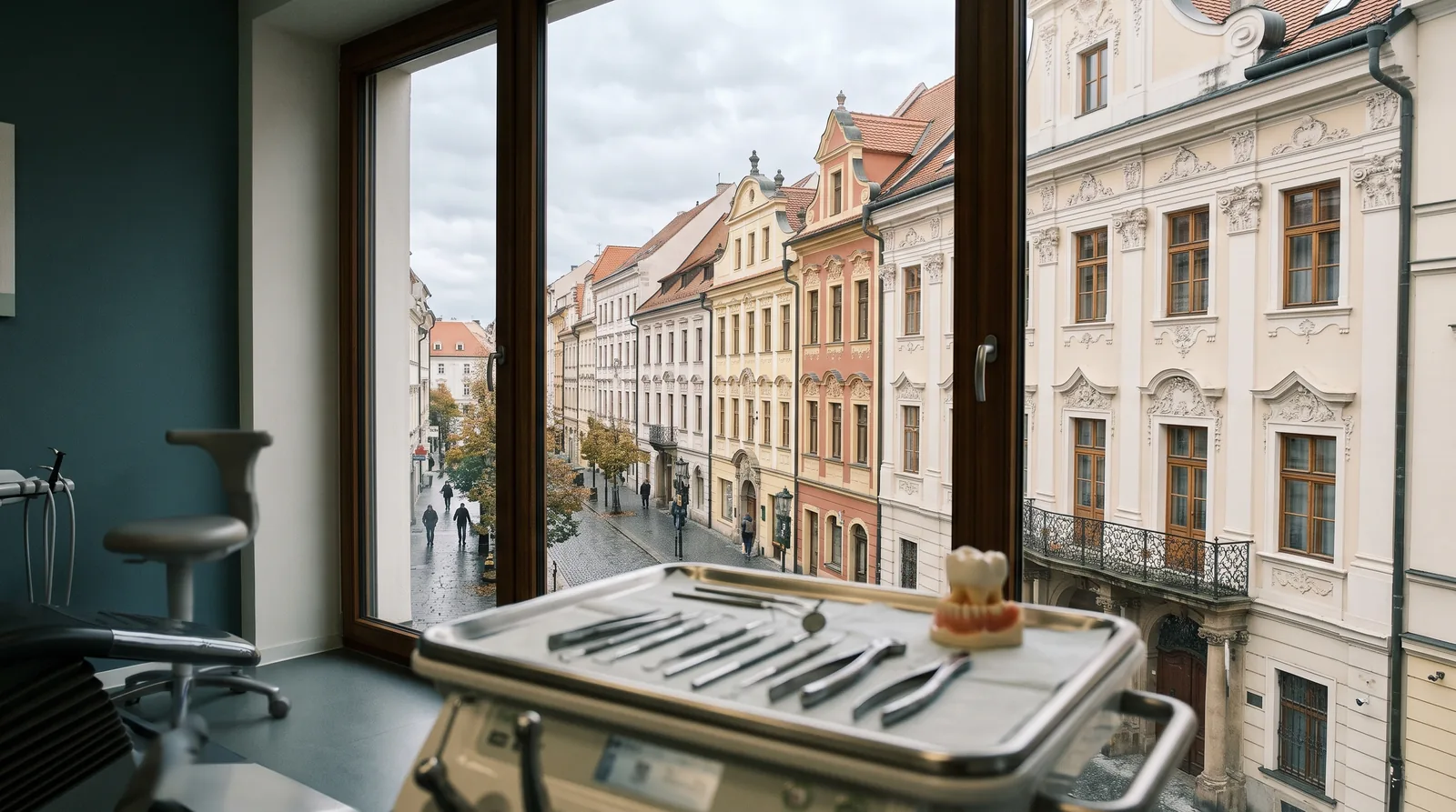 Blick aus dem Fenster einer Zahnarztordination in St. Pölten auf eine Häuserzeile mit hellen, barock wirkenden Fassaden im Oktoberlicht; im Vordergrund ein Instrumententablett und ein Gebissmodell.
