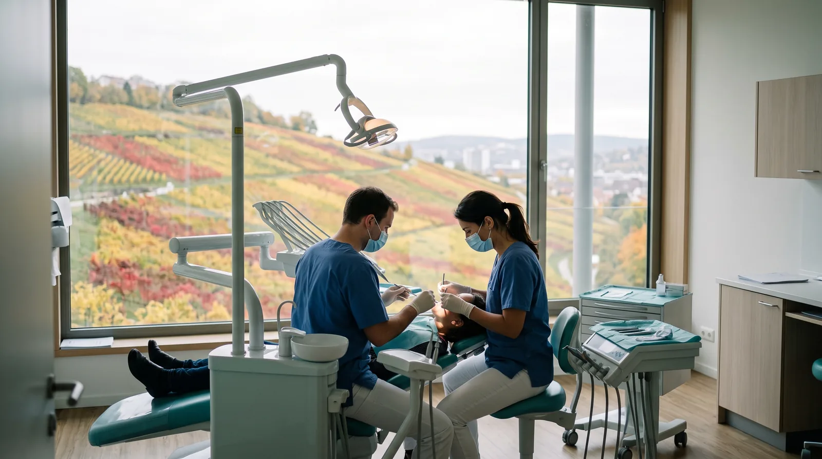 Helles Behandlungszimmer einer Zahnarztpraxis in Stuttgart mit Blick durch ein grosses Fenster auf einen Hang mit Weinbergterrassen in Herbstfarben.
