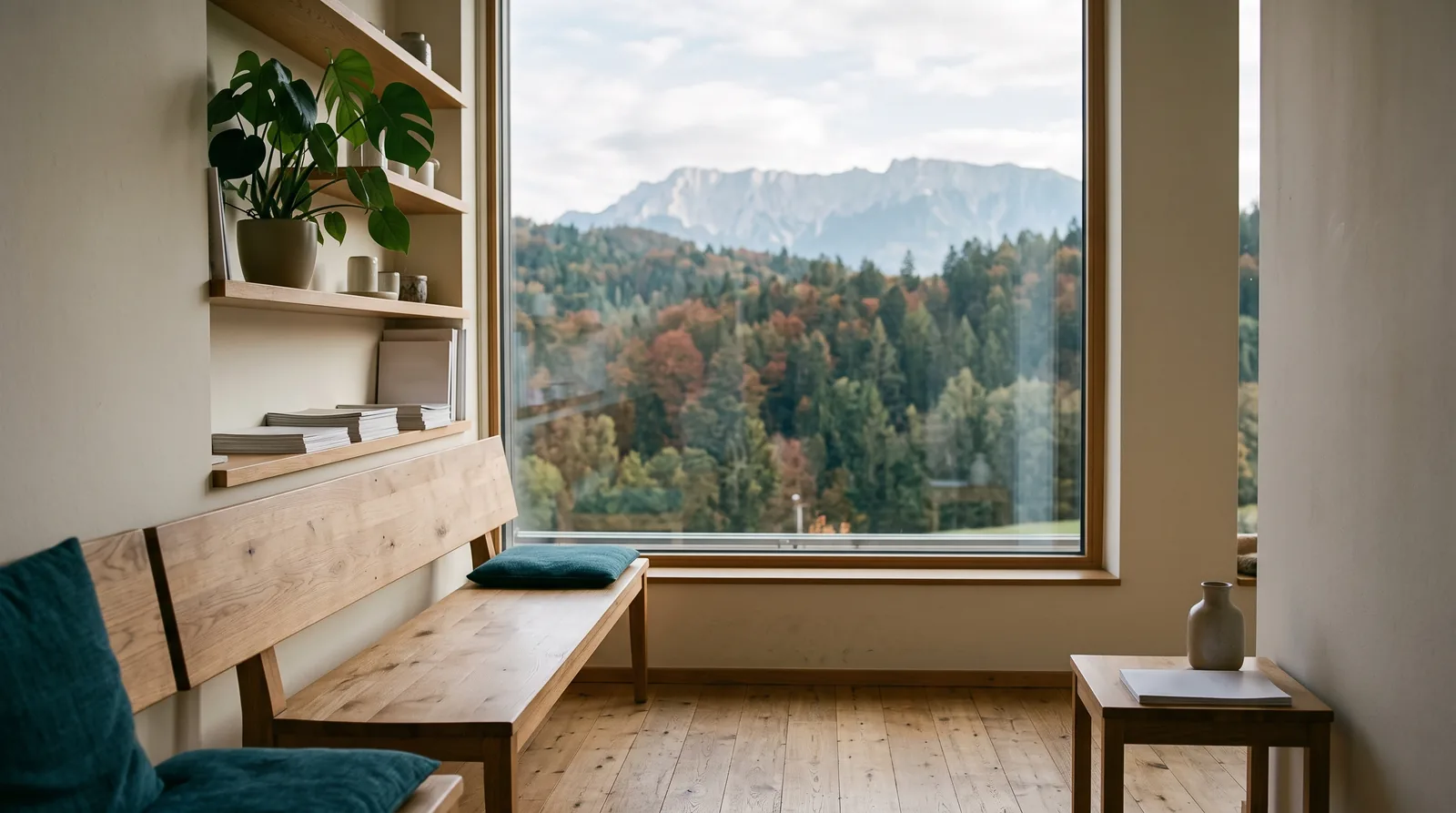 Wartebereich einer Zahnarztordination in Villach mit hellem Holz, Sitzbank und Pflanze; durch das grosse Fenster sieht man unscharf bewaldete Hügel im Oktoberlicht.