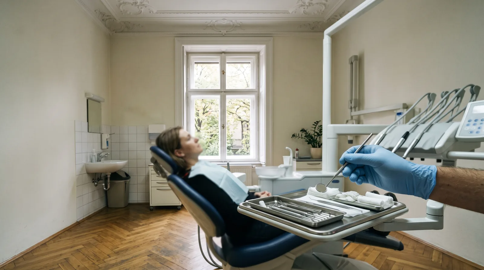 Behandlungszimmer einer Zahnarztordination in einem Wiener Altbau: hohe Decke, Kastenfenster mit weichem Oktoberlicht, Fischgrätparkett, behandschuhte Hände mit Spiegel und Sonde über einem Instrumententablett.