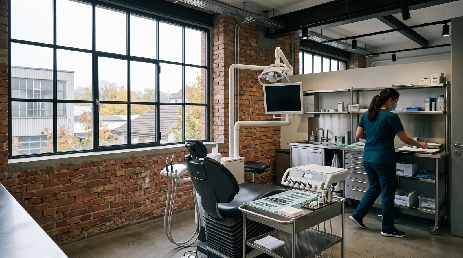 Behandlungszimmer in einem umgenutzten Industriegebäude in Winterthur: eine sichtbare Backsteinwand, ein grosses Stahlsprossenfenster, ein Behandlungsstuhl und ein Instrumententisch.