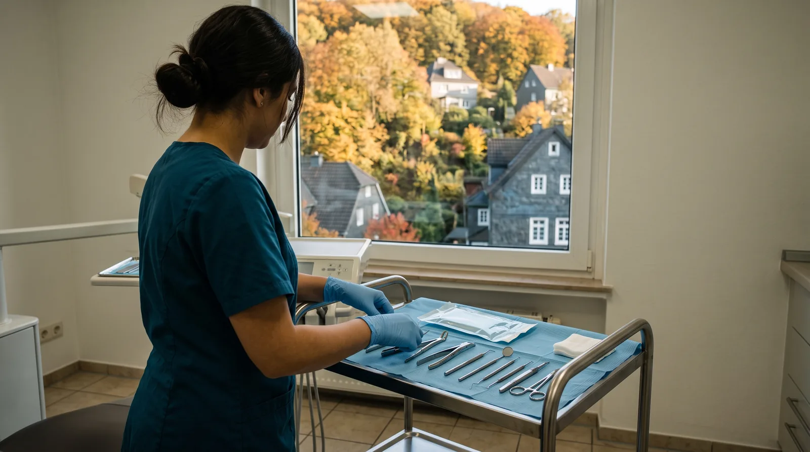 Dentalassistentin bereitet in einem Behandlungsraum Instrumente vor, durch das Fenster ein steiler Hang mit Gründerzeithäusern und Schieferfassaden im herbstlichen Licht.