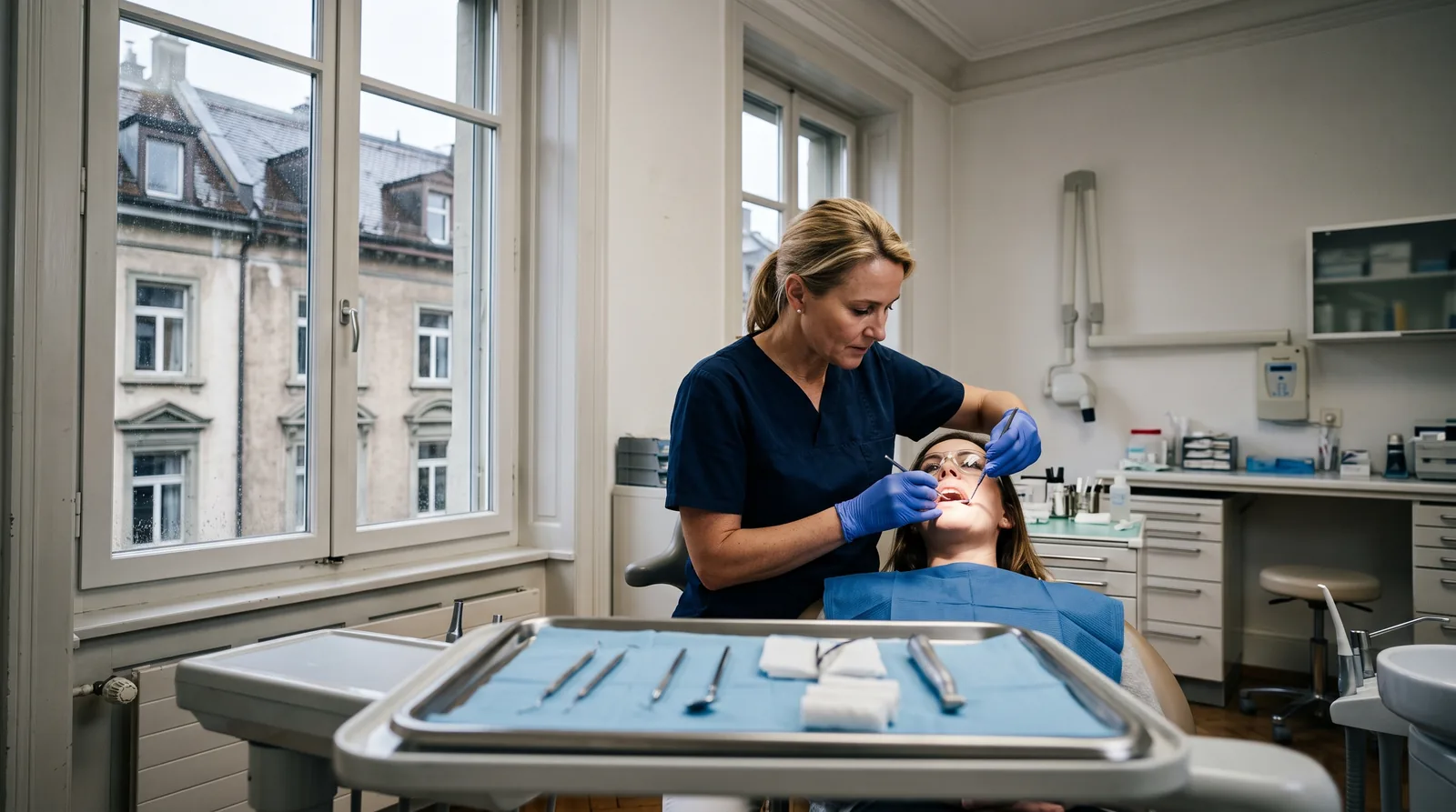 Behandlungszimmer in einem Zürcher Altbau: Eine Zahnärztin in blauen Handschuhen untersucht mit Spiegel und Sonde eine Patientin, durch das hohe Fenster sieht man die Fassaden eines Mehrfamilienhauses aus dem 19. Jahrhundert im grauen Oktoberlicht.