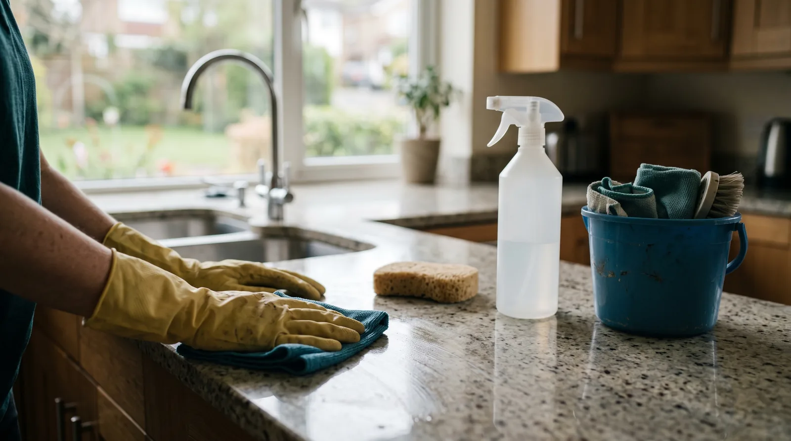 Close-up of a cleaner's gloved hands wiping a kitchen countertop with a folded microfiber cloth, a spray bottle and a bucket of cloths beside them in morning light.