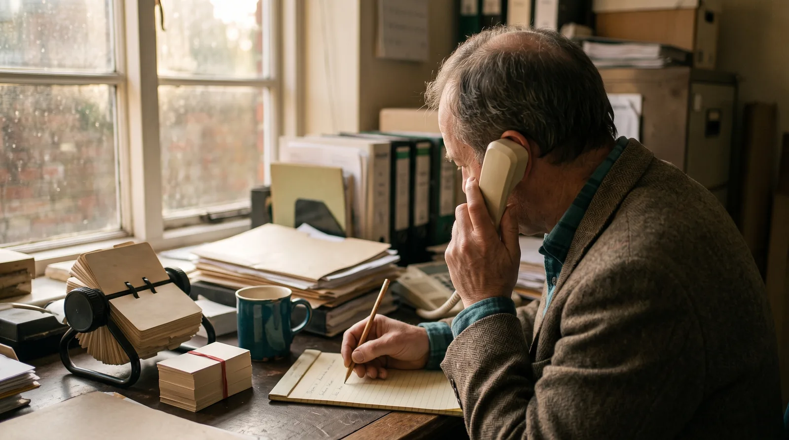 Over the shoulder of a small business owner on a phone call at a cluttered desk, writing customer notes on a paper pad next to a rotary card file of contacts and a stack of business cards held with a rubber band.