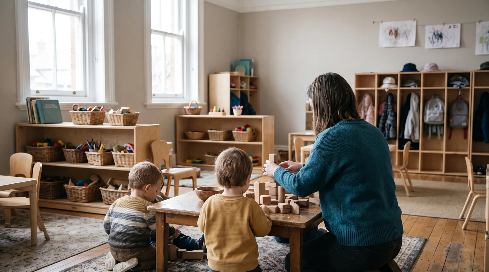 A bright daycare room in the morning: an educator kneels at a low wooden table helping two toddlers, seen from behind, stack wooden blocks, with cubbies and small chairs in the background.