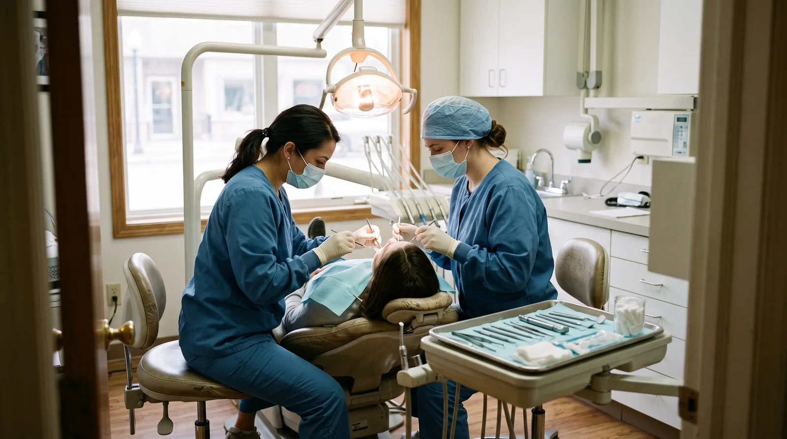 Wide view of a bright dental treatment room: a dentist and a dental assistant in scrubs and masks work on a reclining patient, instruments laid out on a tray, daylight from a window.