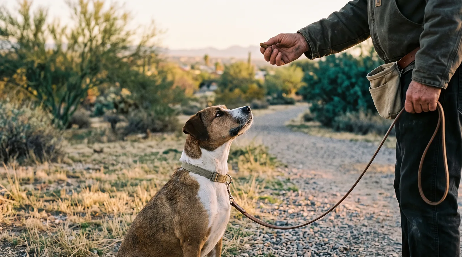Low-angle close-up in a desert park in the early morning: a trainer's hand holds up a treat while a sitting dog on a slack leash looks up at it, a treat pouch on the trainer's belt.