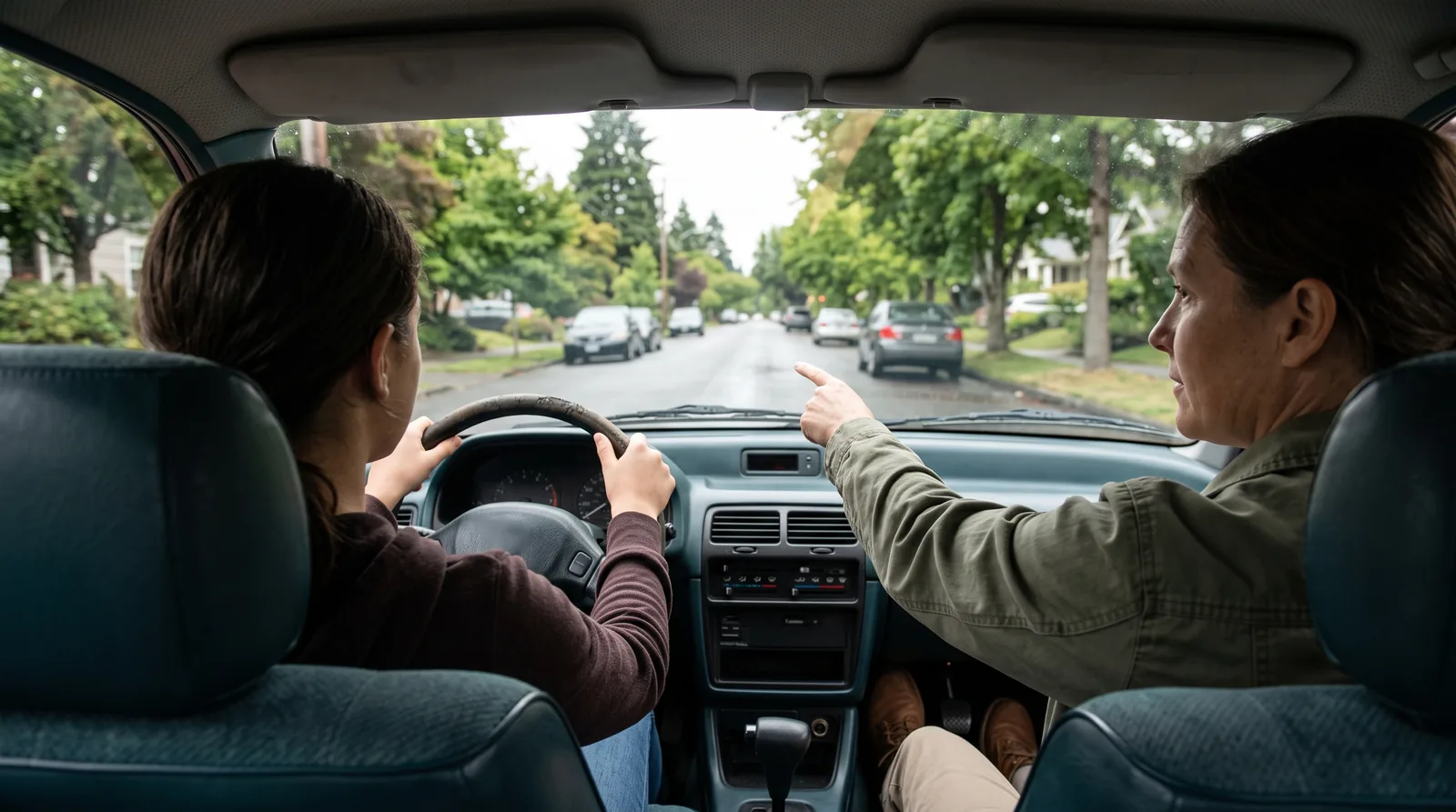 View from the back seat of a car on a quiet residential street: a learner driver grips the steering wheel while the instructor in the passenger seat points ahead.