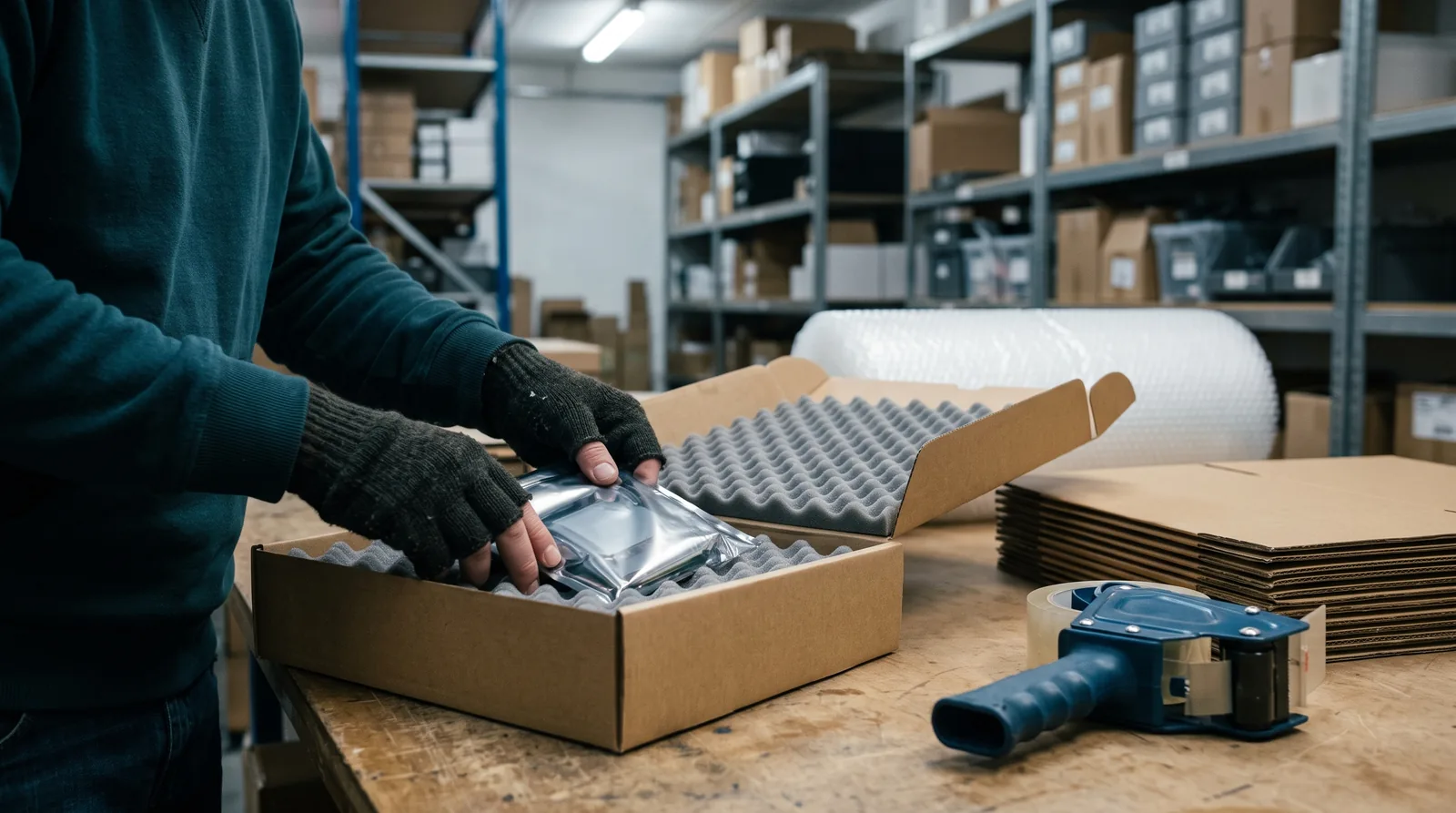 Close-up of an online electronics retailer's warehouse worker packing a plain computer component in an anti-static bag into a box lined with foam at a packing table, with a tape dispenser and stacked boxes nearby.