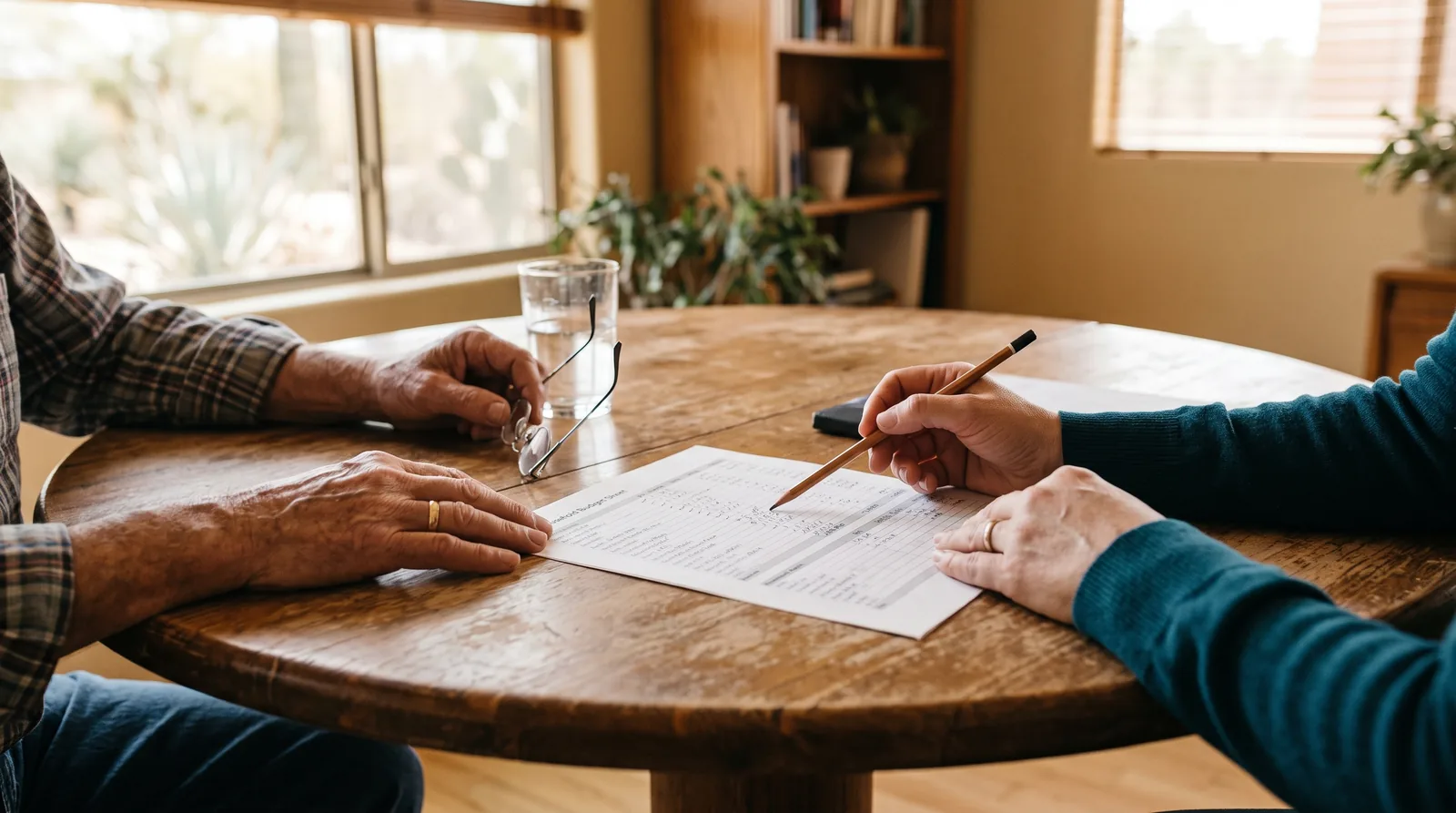Close-up of a retired couple's hands and an advisor's hands on a round table, with a printed household budget, a pencil, a calculator and reading glasses between them.