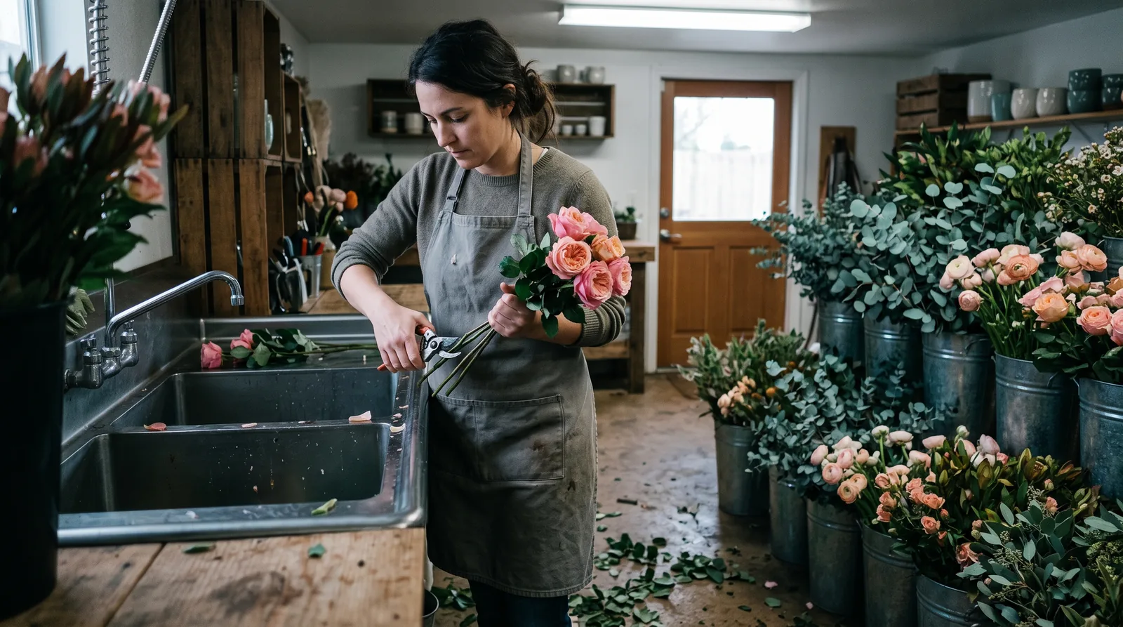 A florist in the cool back room of a small flower shop trims rose stems over a sink, surrounded by buckets of fresh eucalyptus, ranunculus and greenery in soft side light.