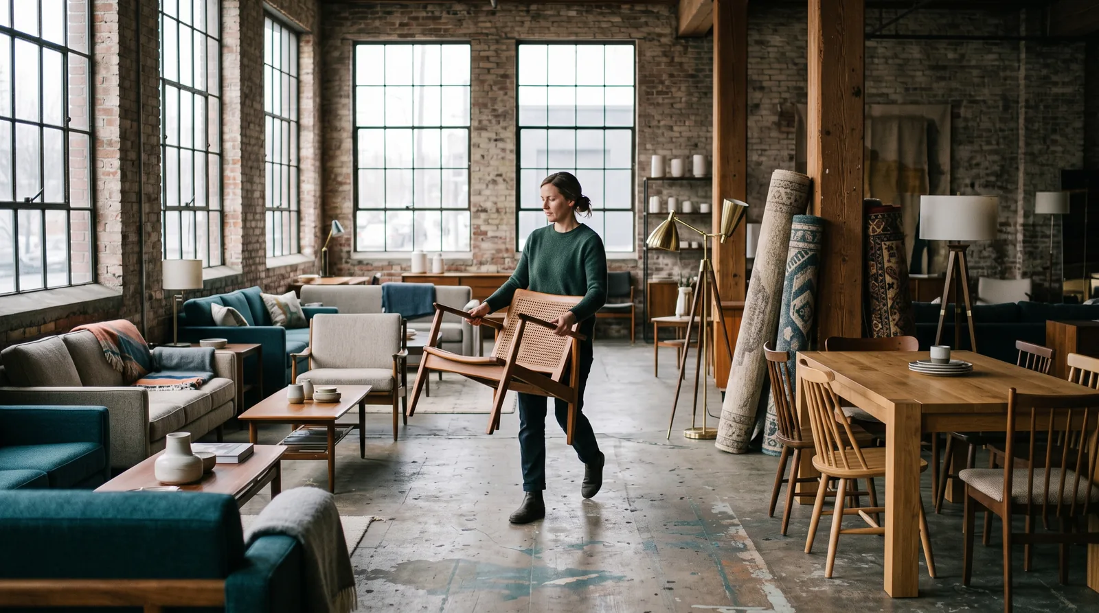 Wide view of a furniture showroom in an old brick warehouse, where a store employee carries a wooden armchair between sofas, dining tables and rugs in soft daylight from tall windows.