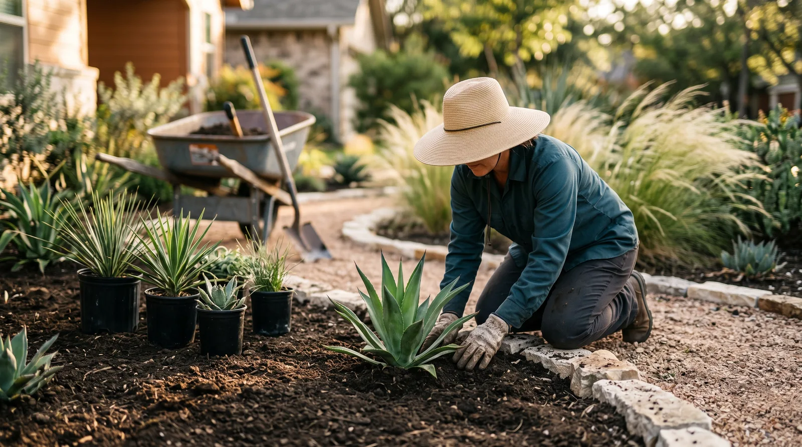 A landscaper kneeling in a freshly prepared garden bed sets a young agave into the soil, with crushed granite paths, limestone edging and native grasses around her in late afternoon sun.