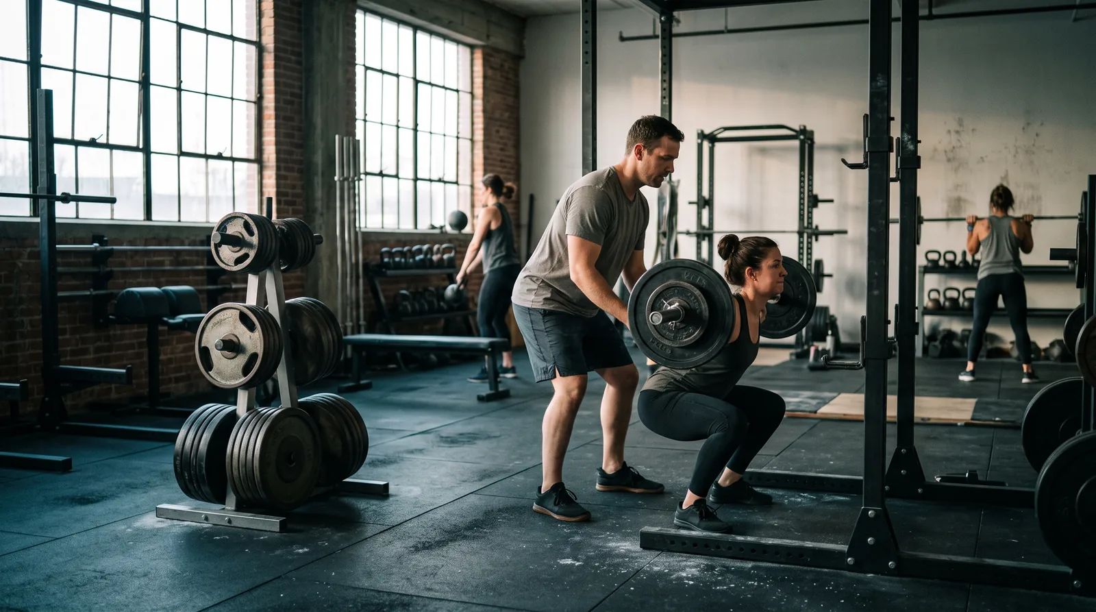 Fitnessstudio am frühen Morgen, weiter Blick in den Kraftbereich: Ein Coach sichert ein Mitglied beim Kniebeugen im Rack, im Hintergrund trainieren andere mit Kettlebells und Hantelscheiben auf Gummiboden.