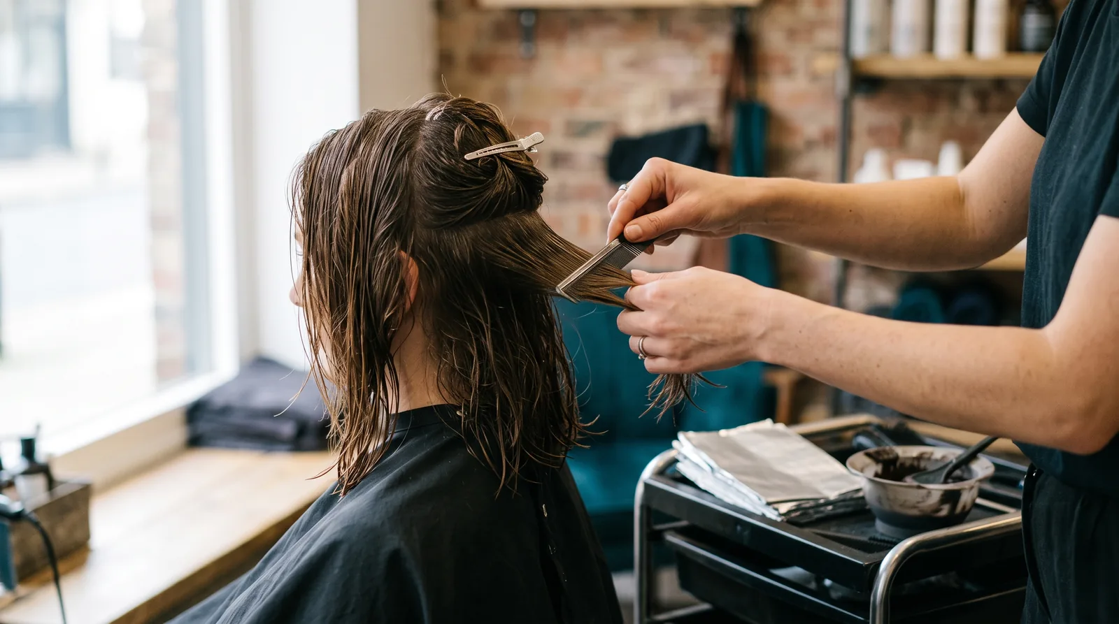 Side view of a hairstylist's hands sectioning a client's damp shoulder-length hair with a tail comb and clips at a salon chair, foils and a color bowl on the trolley beside them.
