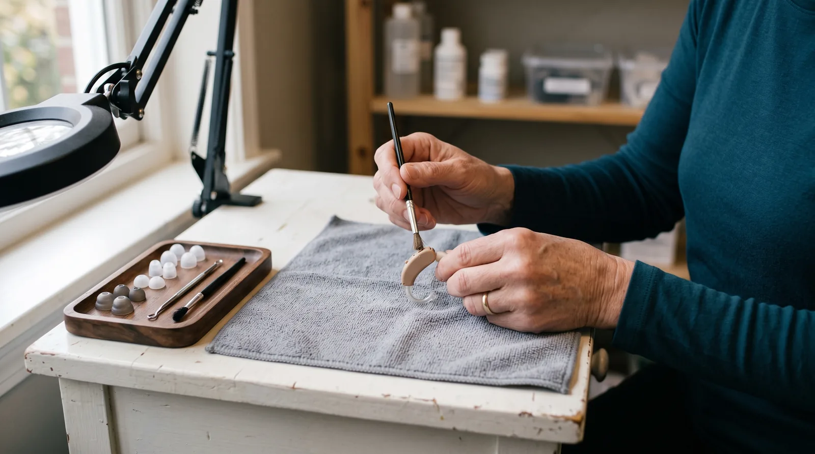 Close-up of a hearing care professional's hands at a small workbench, cleaning a behind-the-ear hearing aid with a fine brush over a soft cloth, tiny tools and spare domes beside it.