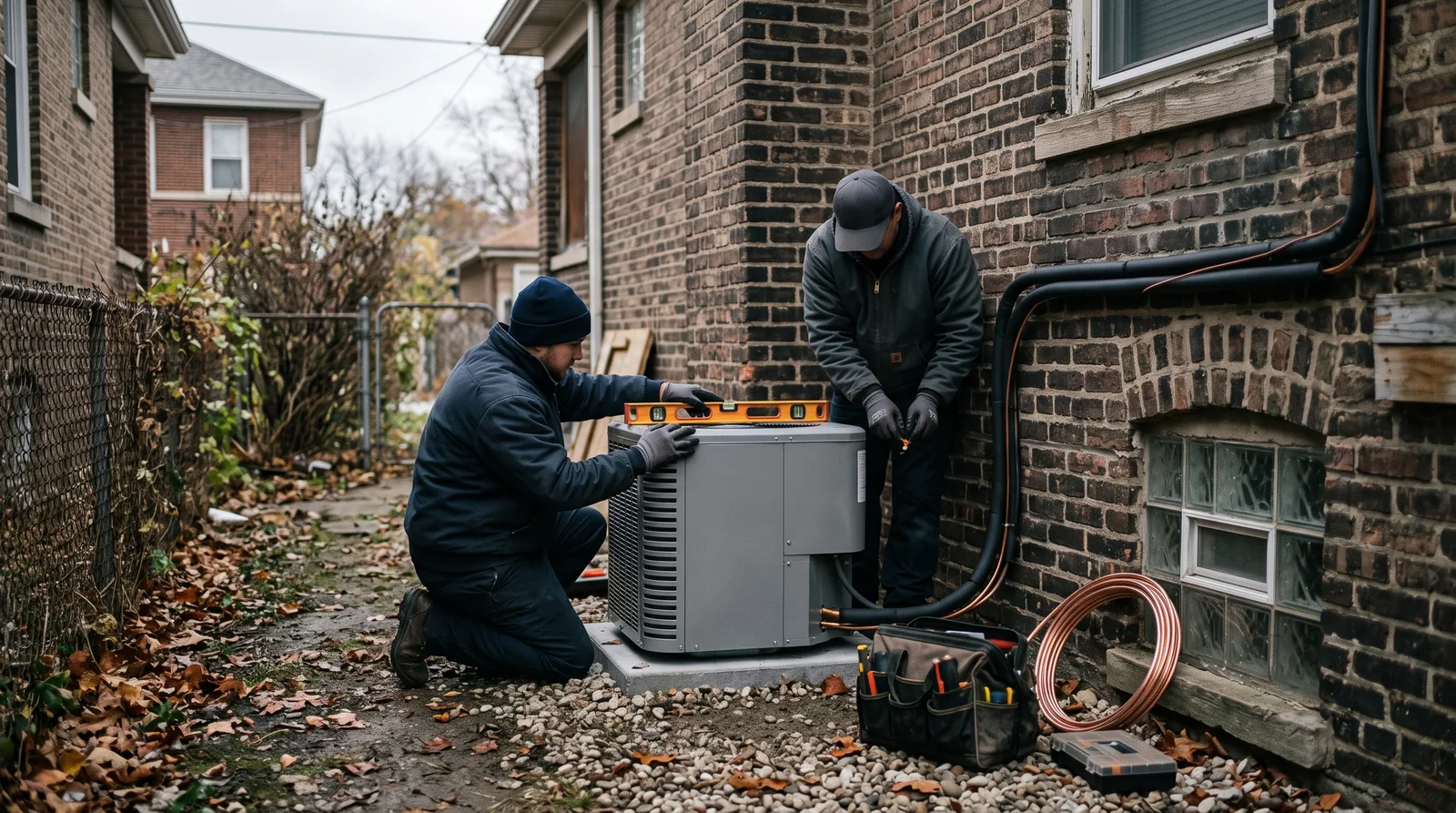 Two installers set a plain outdoor heat pump unit on a concrete pad beside a brick bungalow in autumn, one checking it with a spirit level while the other guides the copper lines.