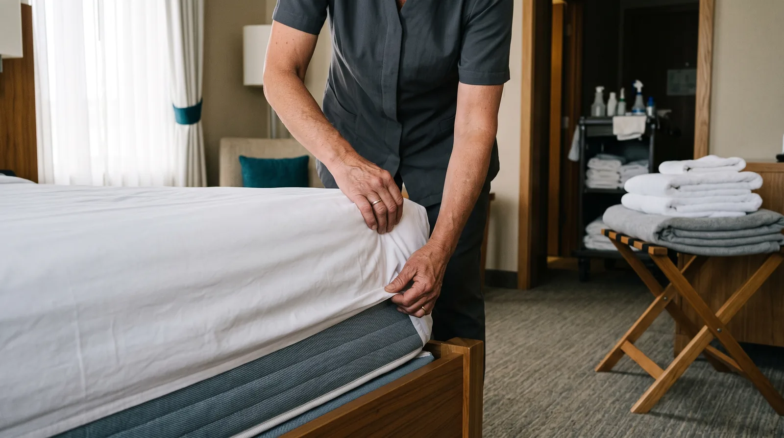 Hotelzimmer wird hergerichtet, Nahaufnahme: Die Hände einer Hotelangestellten stecken in einem hellen Gästezimmer ein weisses Leintuch unter die Matratze, dahinter gefaltete Handtücher auf einer Kofferablage.