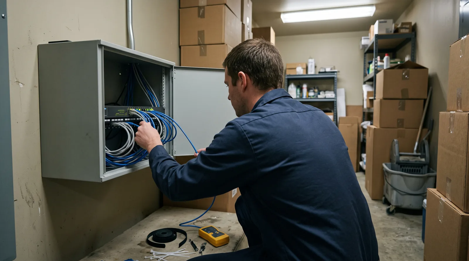 Over-the-shoulder view of an IT technician kneeling in a small office storage room, routing patch cables in an open wall-mounted network cabinet, a label maker and cable ties on the floor beside him.
