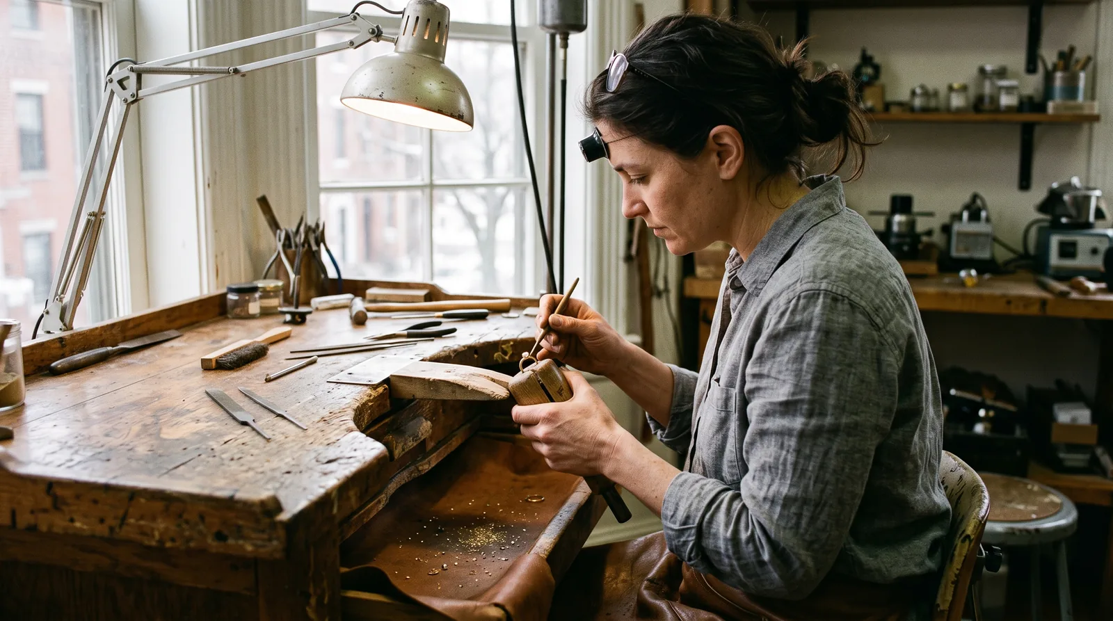 Over-the-shoulder view of a jeweler at a wooden bench, setting a small stone in a gold ring held in a ring clamp, with a loupe, files and a leather catch tray under a bright lamp.