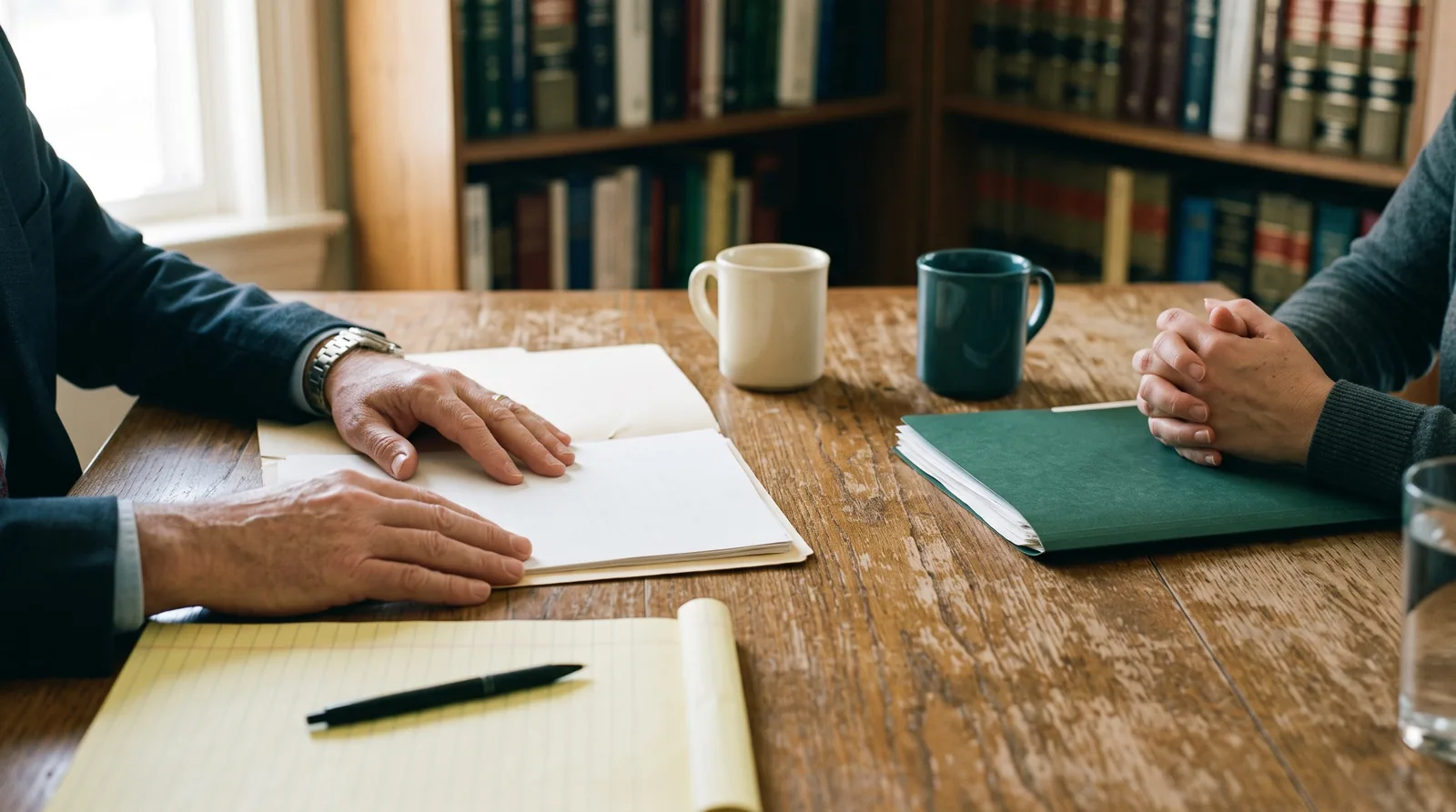 Close-up across a meeting table: a lawyer's hands rest on an open paper file and a legal pad with a pen while a client's hands hold a folder of documents opposite.
