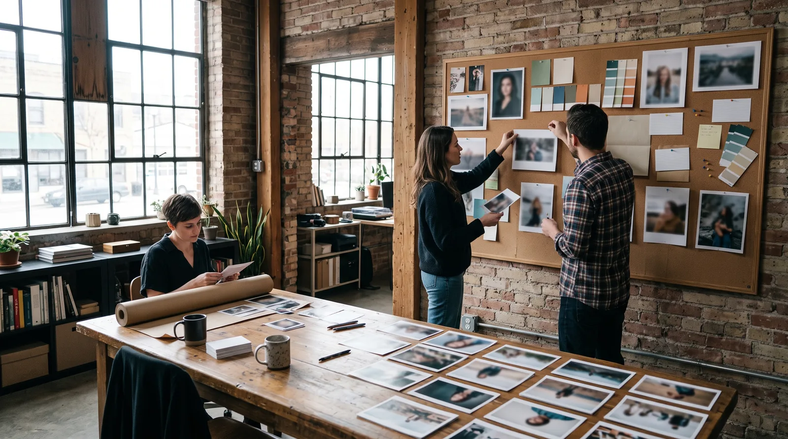 Wide view of a small marketing agency studio with exposed brick walls, where two people pin printed photo proofs and color swatches to a large cork board while a third sorts prints on a long table.