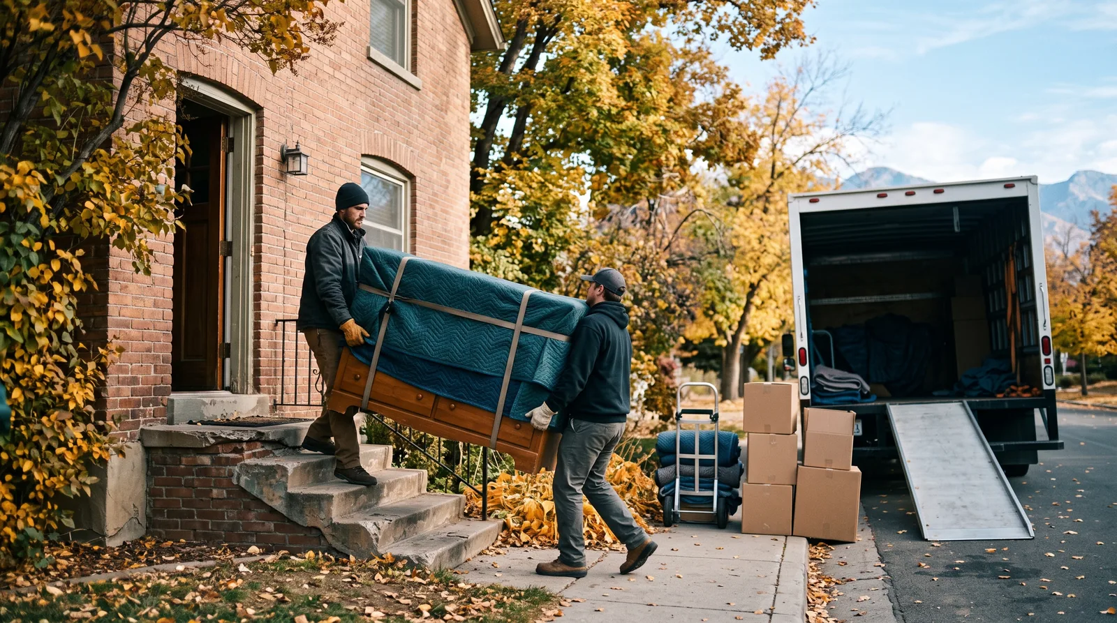 Outdoor view of two movers carrying a wrapped dresser down the front steps of a house toward an open moving truck, with packed boxes stacked on the sidewalk.