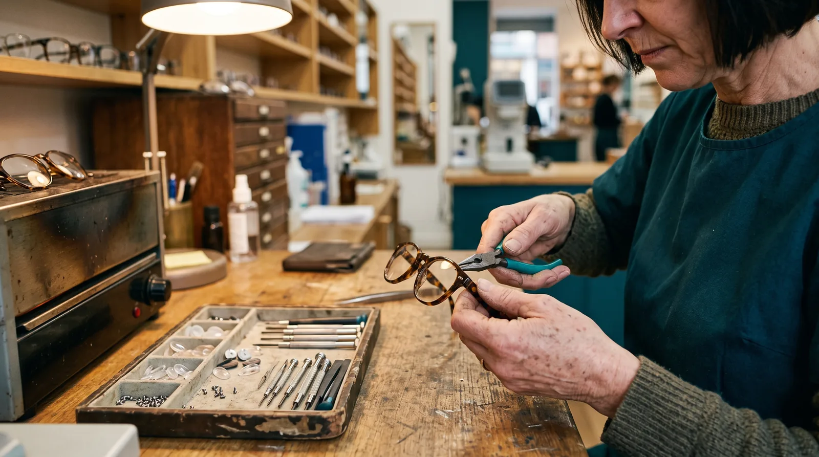Close-up of an optician's hands at a workbench gently bending the temple of a pair of tortoiseshell glasses with padded pliers, small screwdrivers and spare nose pads beside them.