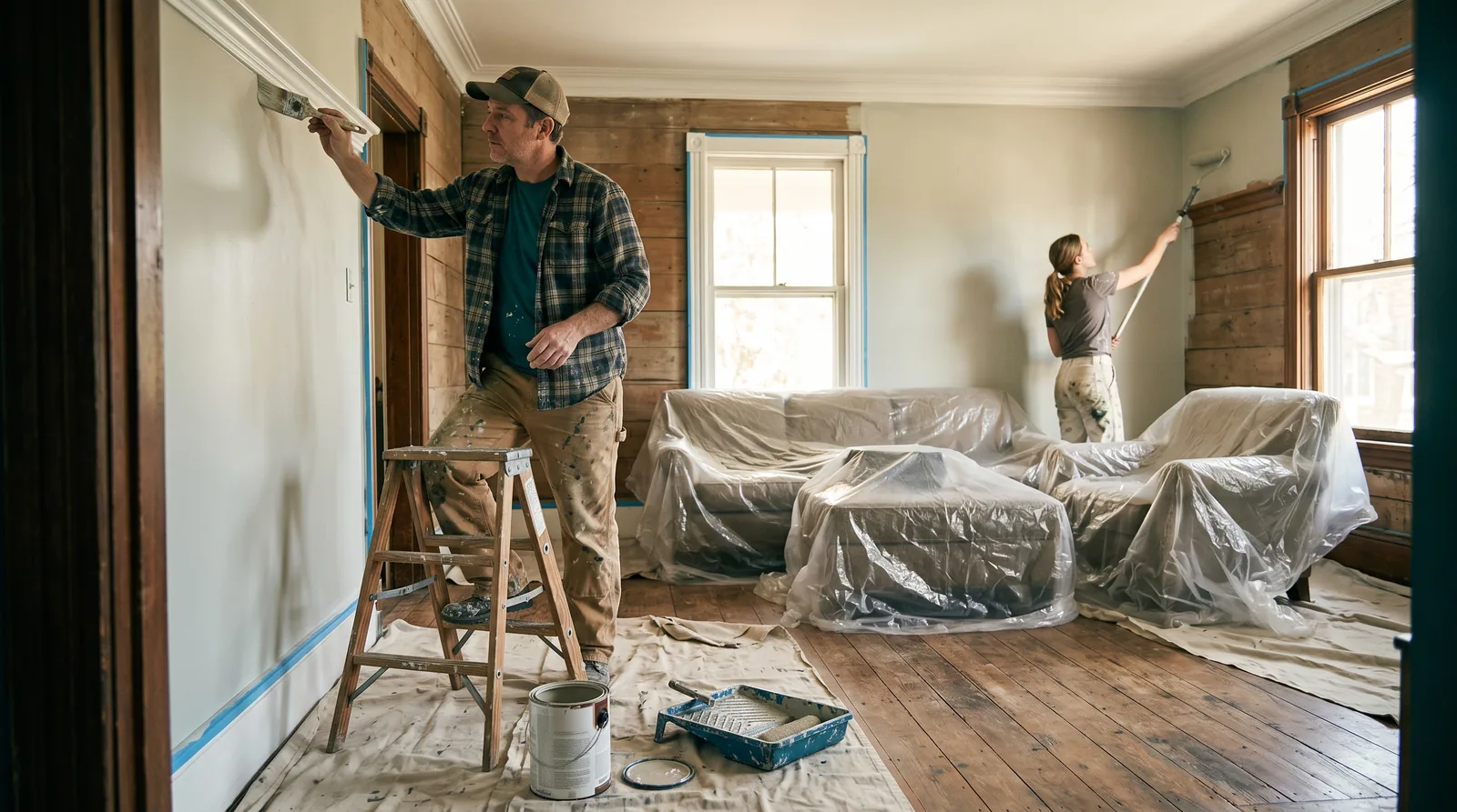Wide view of a bright living room under renovation: a painter on a short ladder cuts in a crisp line along the crown molding while a second painter rolls a wall, drop cloths covering the floor.
