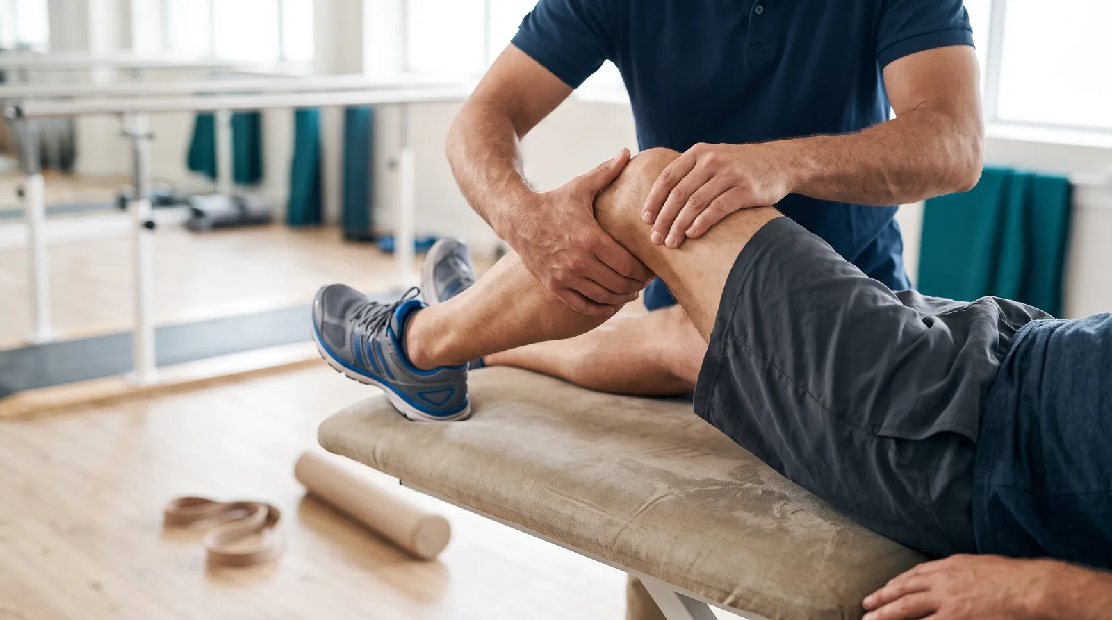 Low close-up of a physical therapist's hands guiding a patient's bent knee during an exercise on a treatment table, with resistance bands and a foam roller on the floor.