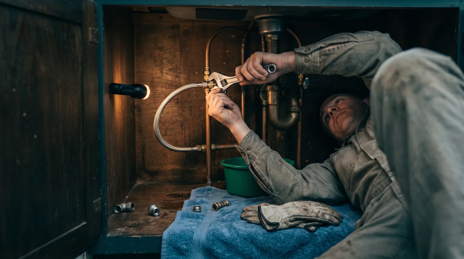 Low view under a kitchen sink: a plumber lying on his back tightens a pipe fitting with a wrench, a flashlight and a bucket beside him on the cabinet floor.