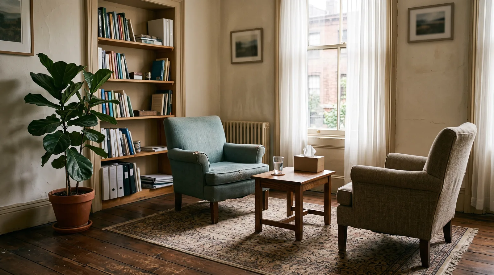 A quiet therapy and counseling room in soft daylight: two upholstered armchairs facing each other across a low wooden table with a glass of water and a box of tissues, a plant and a bookshelf by the window.