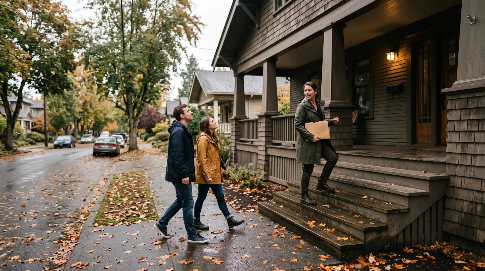 Outdoor scene on a rainy Portland street: a real estate agent in a raincoat walks a young couple up the steps of an old wooden house with a wide porch, holding a folder under her arm.