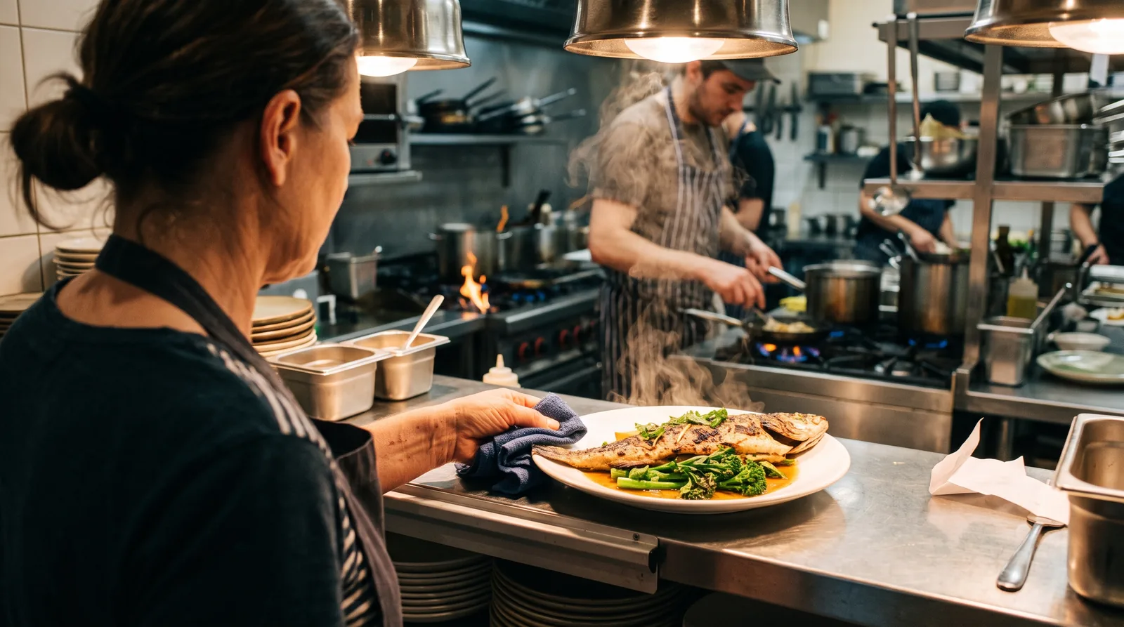 Close-up over a cook's shoulder at the pass of a busy restaurant kitchen, hands wiping the rim of a plate under warm heat lamps while another cook works the stove behind.