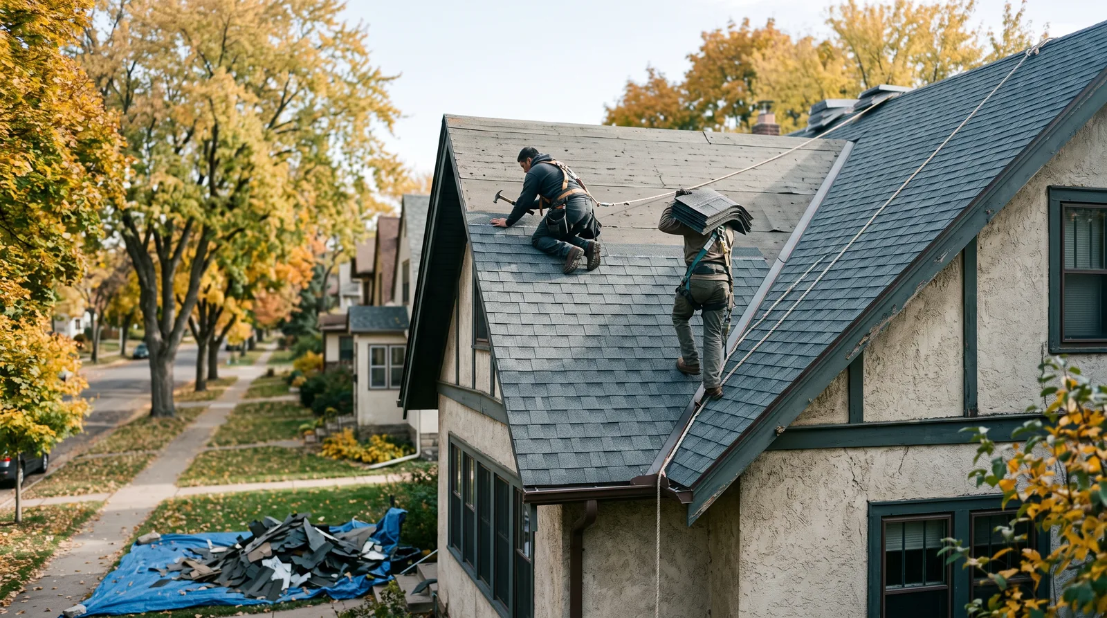 Wide view of two roofers on the steep roof of an older house in autumn, one nailing new asphalt shingles while the other carries a bundle up the slope, yellow trees around the house.