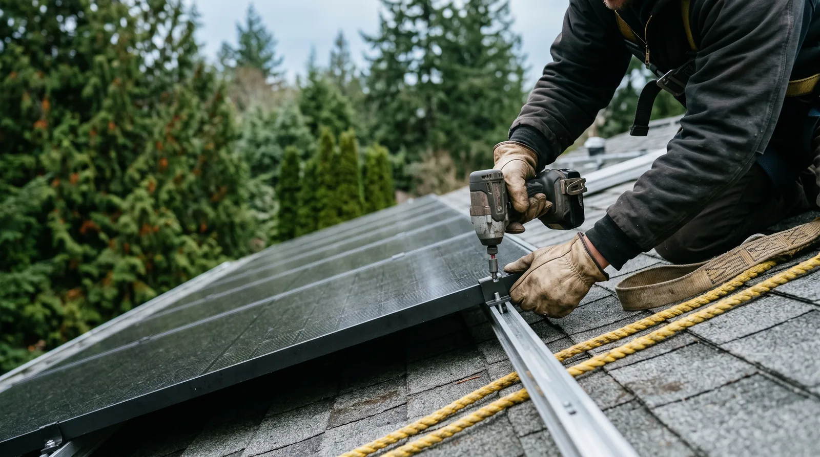 Nahaufnahme auf einem Schrägdach unter bedecktem Himmel: Die Hände eines Solarteurs in Handschuhen ziehen eine Klemme an, die ein dunkles Solarmodul auf der Montageschiene hält.