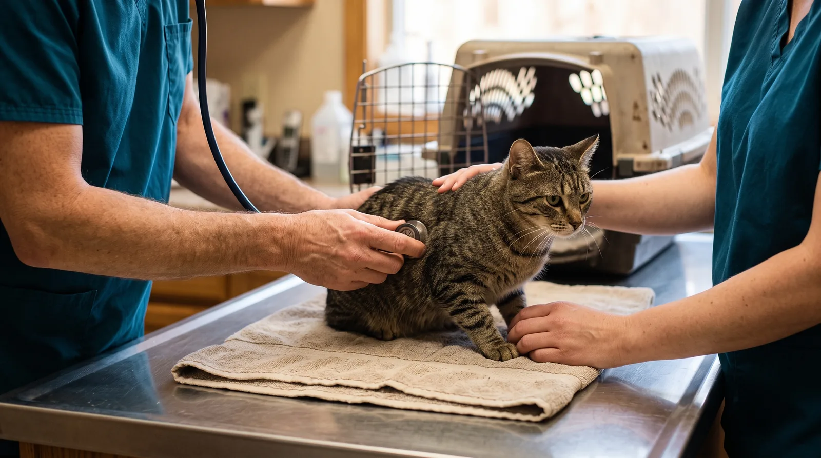 Nahaufnahme: Die Hände einer Tierärztin halten ein Stethoskop an eine ruhige getigerte Katze auf einem Untersuchungstisch aus Edelstahl, eine Tiermedizinische Fachangestellte hält die Katze sanft auf einem Handtuch.
