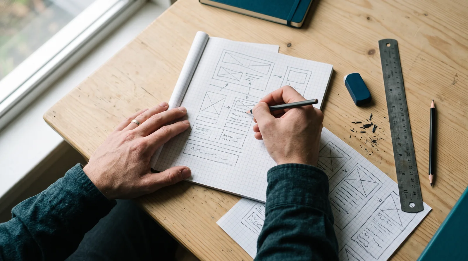 Close-up from above of two hands sketching website page layouts as boxes and lines in pencil on grid paper, with an eraser, a ruler and loose sketch sheets on a light wooden desk.