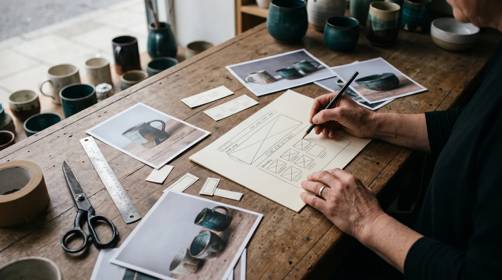 Overhead view of a shop counter where a small business owner sketches a website page layout in pencil on paper, surrounded by printed product photos, scissors, a ruler and a roll of tape.