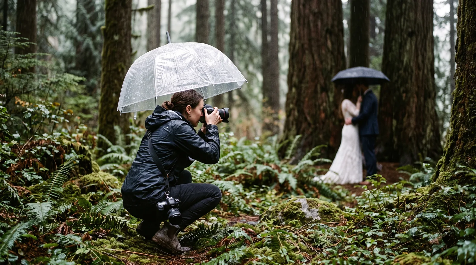 A wedding photographer in a rain jacket crouches under a clear umbrella in a mossy forest clearing, camera raised, while a couple stands blurred in the drizzle in the background.