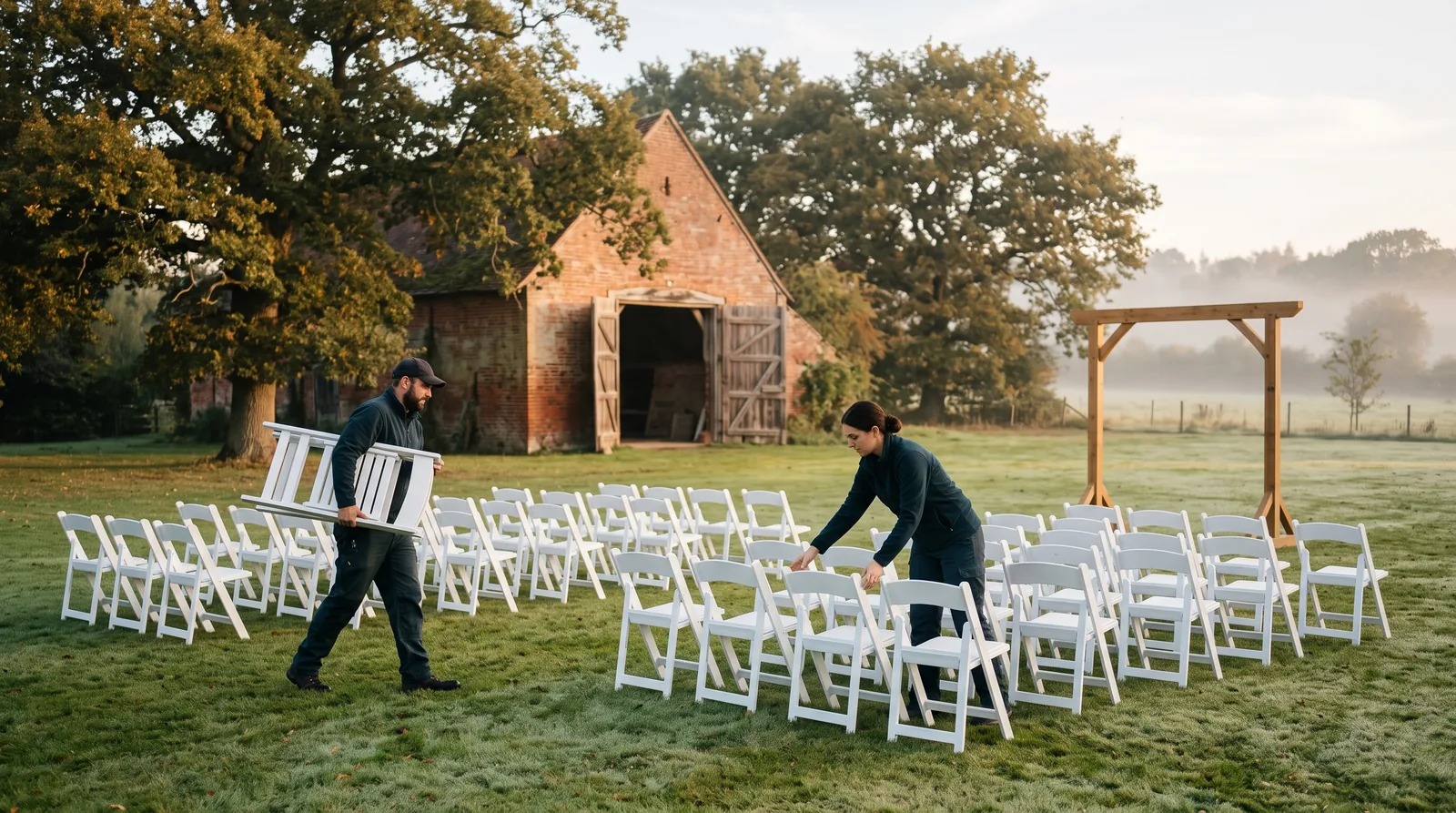 Wide early-morning view of two venue staff setting rows of white wooden chairs on a dewy lawn in front of an old brick barn, with a simple wooden ceremony arch at the end of the aisle.